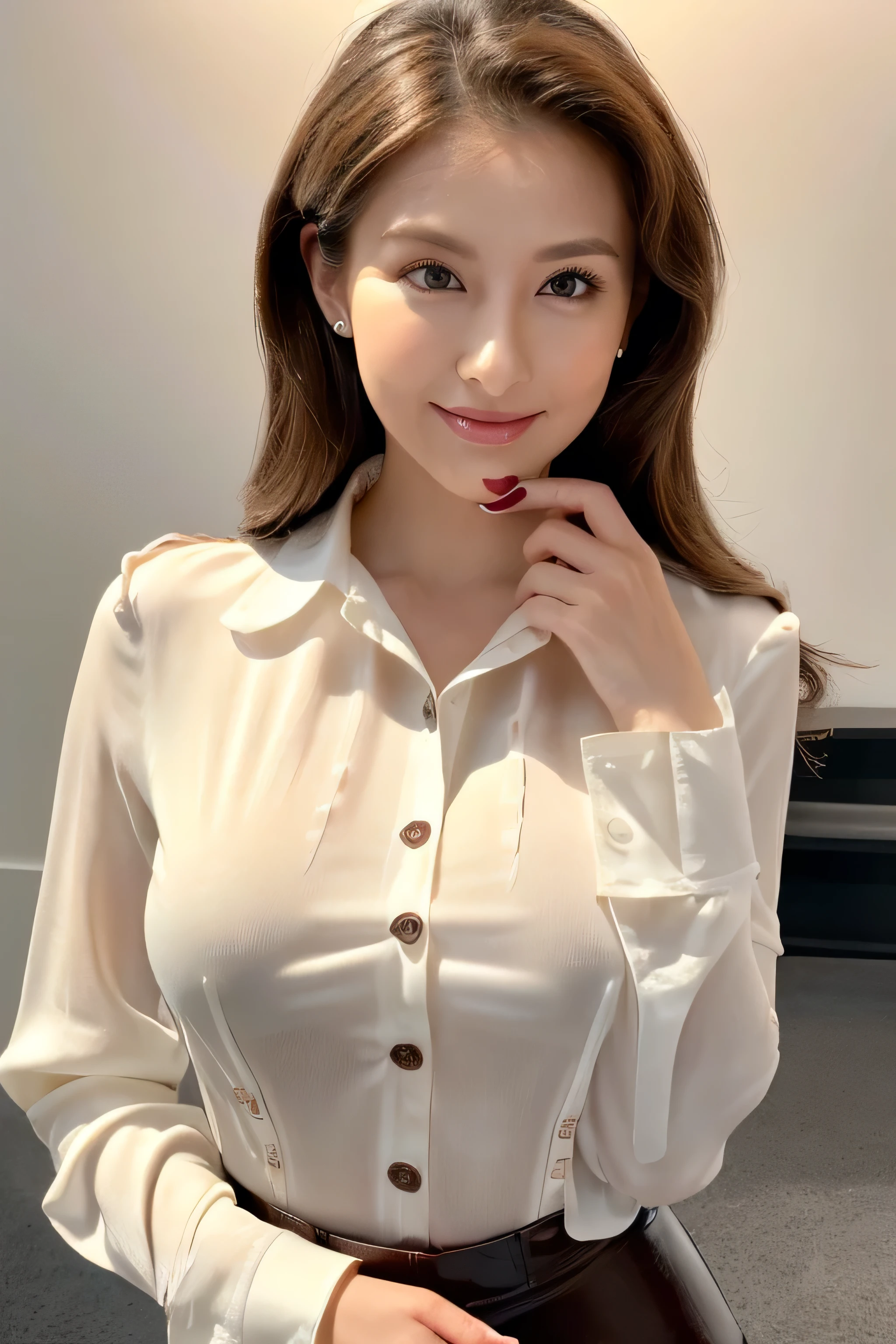 Beautiful detailed face、Pale skin、Realistic glowing skin、Detailed cloth texture、Detailed hair texture、Perfect body、Beautiful Face、correct、Anatomically correct、 Highly detailed face and skin texture、Natural neck length、(Beautiful Hands)、(Fair skin:1.2)、Thin legs、Thin legs、 Break Fine Eyes、Symmetrical eyes、Large 、Light brown eyes、double eyelid、Thin eyebrows、(Glossy Lips:1.4)、((Gentle smile:1.2))、(blush:1.1)、 break (Elegant and cute girl:1.3)、Medium-sized large breastsbody type:1.1)、Toned Abs、Beautiful clavicle、 (Dark Blonde、Wavy Hair、Long Hair:1.2)、((full figure supermodel standing, entire body in frame:1.7))、((Wearing white long sleeve button up blouhite tartan check miniskirt:1.3)),((standing gracefully:1.3))、((Place your left hand gently on your chin:1.3)),Shoot so that the whole body is captured away from the camera