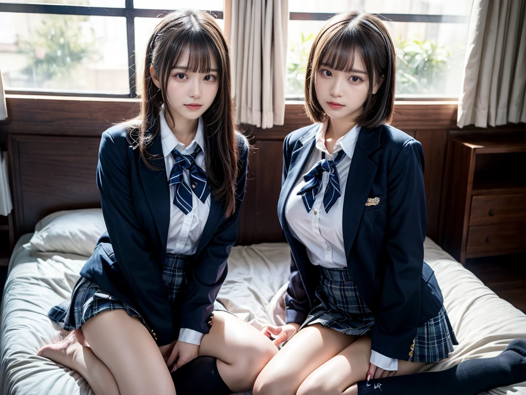(8K, Raw photography, top-quality, masterpiece:1.2), master piece, best quality, illustration, Super detailed, fine details, High resolution, 8K,wall paper, perfect dynamic composition,(Details High quality, realistic depiction of eyes:1.3), ((2 girls, 2 schoolgirls)), The background is a luxury hotel room、High school girl uniform、blazer 、Super Short Check Uniform Skirt、Navy blue high socks、garterbelts、Colossal tits、Disturbed uniform, Play with each other,Touching each other's bodies,Touching the body of the girl next door, short bob hair, black hair color, huge breasts, Big Natural Color Lip, bold sexy pose, (perfect body shape), crying a little、cold gaze, Beautiful makeup,glitter makeup,Cutest 18 years old, beautiful legs, hposing Gravure Idol, Voluptuous thighs