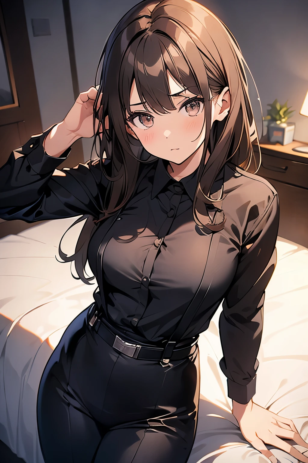 Brown Hair、Staring at the audience　　　Black suspenders　　　bulging big breasts　　 　 　　　wall: 　Black pantsuit　　　　　　sight　　　Small face　 　　　holster　　　Beautiful woman　　Show your hand　　 Lying in bed　　sight 　　Taunt　side　side汗 　arm　Dress shirt　Black Suit　belt