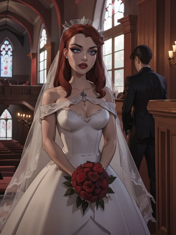 32:32
Wedding day, dark Church of black flowers, bride red hair, heavy makeup, eyelashes, red lipstick,glowing icy blue eyes, high detail black wedding dress, sexy breasts, standing fool body, black roses in hand, waiting for the groom , high details wedding dress, Ultra-detailed bride dress, luxury wedding dress with darkvtone and bloody flower texture, 4k, (dracula's bride), white skin dracula