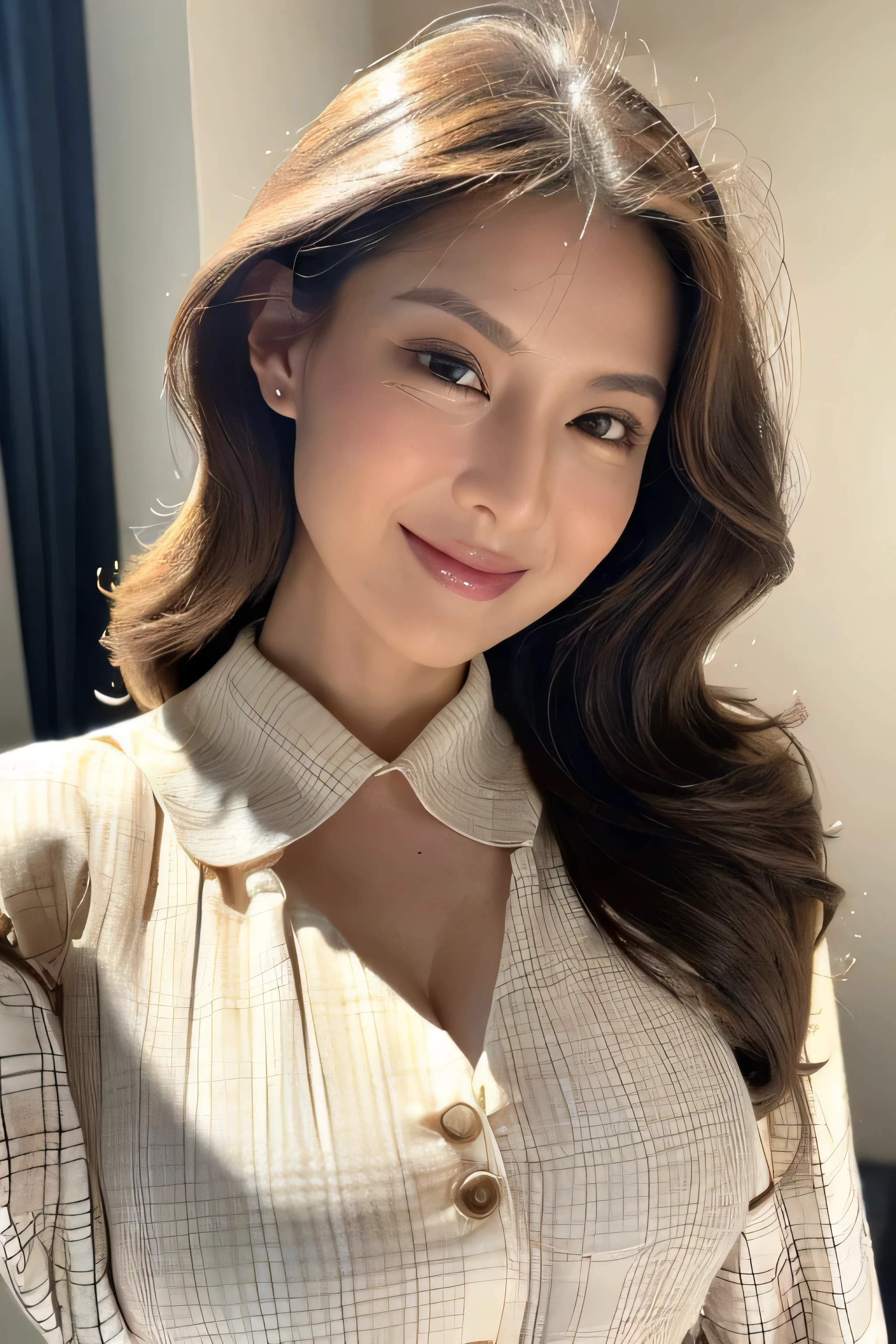 eautiful detailed face、Pale skin、Realistic glowing skin、Detailed cloth texture、Detailed hair texture、Perfect body、Beautiful Face、correct、Anatomically correct、 Highly detailed face and skin texture、Natural neck length、(Beautiful Hands)、(Fair skin:1.2)、Thin legs、Thin legs、 Break Fine Eyes、Symmetrical eyes、Large Breasts、Light brown eyes、double eyelid、Thin eyebrows、(Glossy Lips:1.4)、((Gentle smile:1.2))、(blush:1.1)、 break (Elegant and cute girl:1.3)、Medium-sized large breasts、(Slim body type:1.1)、Toned Abs、Beautiful clavicle、 (Dark Blonde、Wavy Hair、Long Hair:1.2)、((full figure supermodel standing, entire body in frame:1.7))、((Wearing white long sleeve button up blouse、white tartan check miniskirt:1.3)),((standing gracefully:1.3))、((Place your left hand gently on your chin:1.3)),((Shoot so that the whole body is captured away from the camera:1.7))