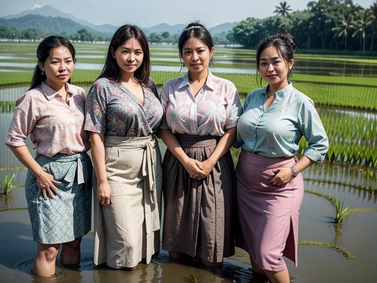 photo of four person, 4 full figured asian middle aged mother, standing on rice paddy field, bun grey hair, wearing full top batik shirt, royal queen attire, long brown wrap skirt, smeared with mud, dirty, sweaty, holding paddy plants on the hand
