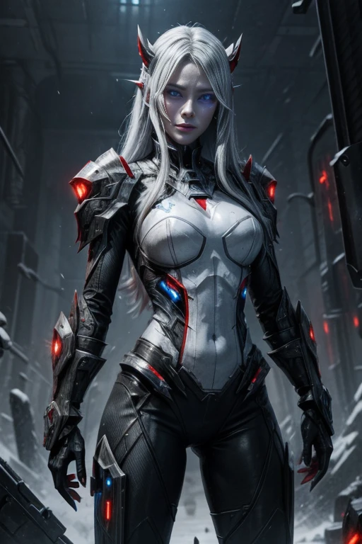 An evil synthetic being is spreading pure holocaust,armed and dangerous, blizzard beast, command with power, white silver, crimson and cold blue ,female, sweet, three quarter wiew, digital art