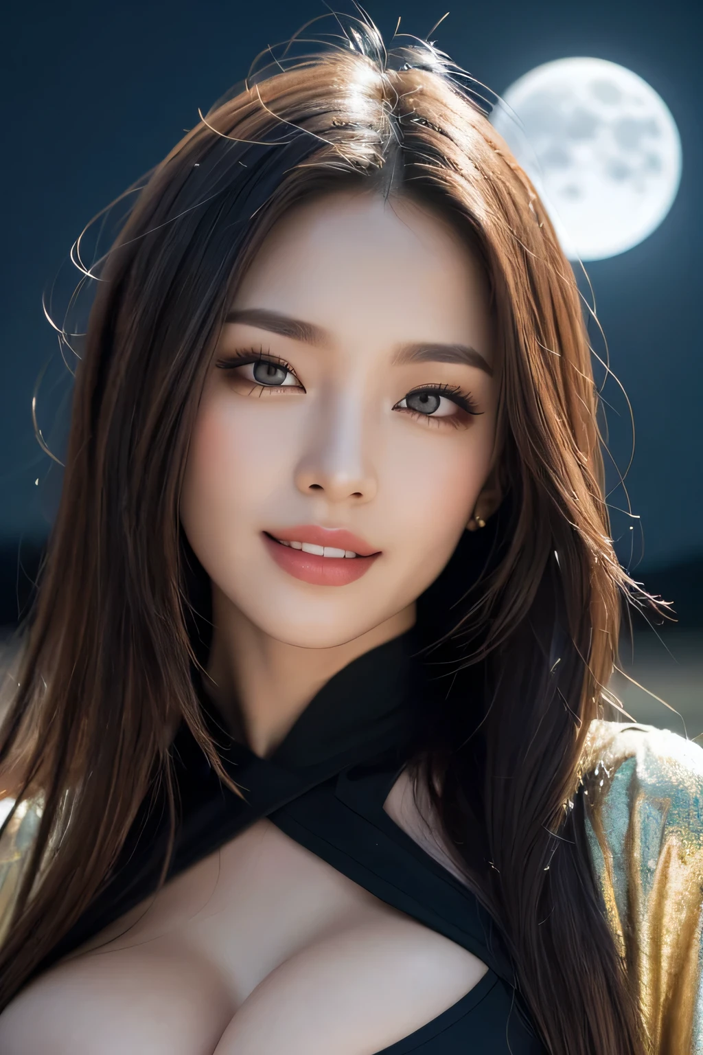 Kimono beauty, body portrait, 8k, thin and beautiful eyes, Dindal effect, masterpiece, top quality, high quality, high resolution, very detailed photo, (natural skin texture, fine skin, hyper realism, super sharpness) , high detail skin, (very fine, fine skin texture, intricate details, beautiful face, (real-like face), realistic eyes, beautifully detailed eyes, realistic skin, beautiful skin, surreal, Highly detailed, golden ratio, smiling eyes, ((night moonlight background)), body portrait, G cup, big breasts, huge breasts, big breasts, glamorous, shiny bodysuit