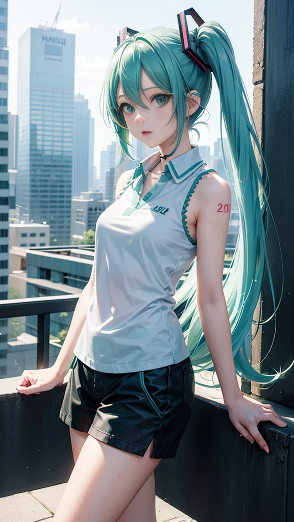 25 years old, Hatsune Miku, city, green hair, green eyes, vocaloid, girl in need, collar, white shirt, t-shirt, blue short, sleeveless, looking at viewer, standing