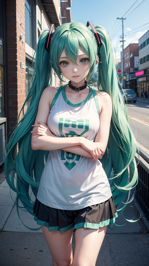 25 years old, Hatsune Miku, city, green hair, green eyes, vocaloid, girl in need, collar, white shirt, t-shirt, blue short, sleeveless, looking at viewer, standing