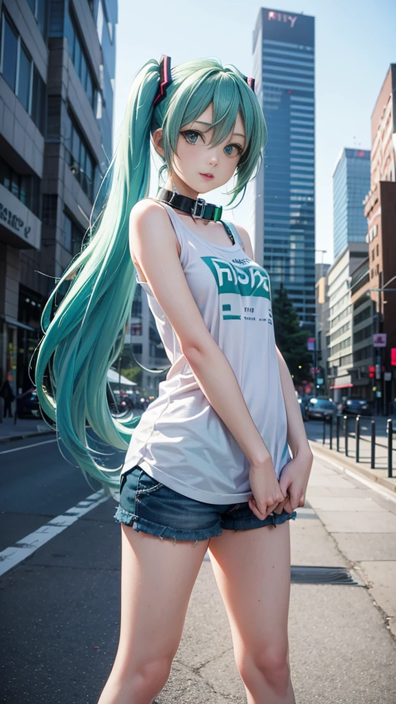 25 years old, Hatsune Miku, city, green hair, green eyes, vocaloid, girl in need, collar, white shirt, t-shirt, blue short, sleeveless, looking at viewer, standing