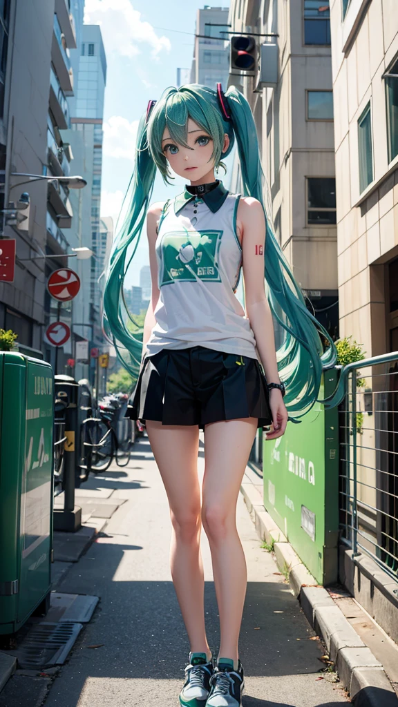 25 years old, Hatsune Miku, city, green hair, green eyes, vocaloid, girl in need, collar, white shirt, t-shirt, blue short, sleeveless, looking at viewer, standing