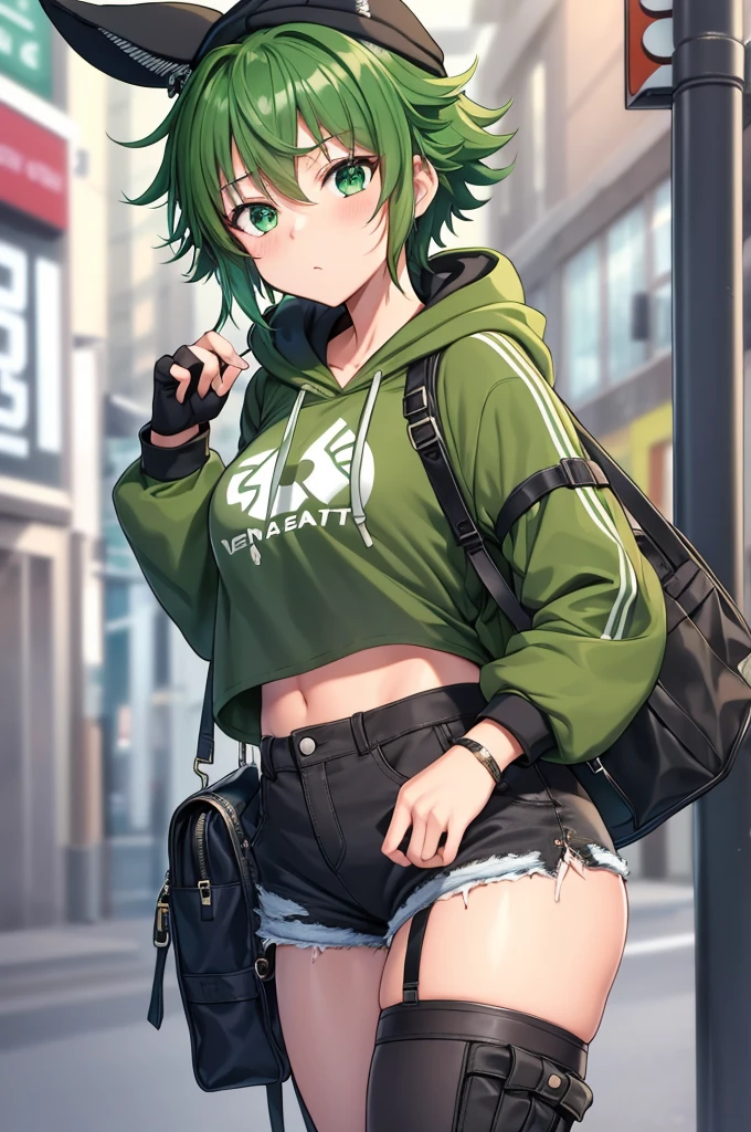 Generate a high-quality, highly detailed, perfect image of Izuku Midoriya portrayed as a girl. Her beautiful green eyes should be the focal point, complemented by short, vibrant green hair. For her outfit, visualize an Urban Hero Chic look: a cropped hoodie in a muted tone, such as soft gray or olive green, featuring clean lines and a sporty silhouette. Ensure the hoodie exudes comfort and style without relying on overt branding.
Pair the hoodie with high-waisted cargo pants in a neutral color like black or khaki to add a utilitarian edge to the ensemble, providing both practicality and fashion-forward appeal. Complete the bottom half with sturdy combat boots featuring sleek lines and minimal embellishments for a modern twist, adding toughness and urban flair.
Accessorize the look with coordinating fingerless gloves to add a touch of edginess while allowing freedom of movement. Top it off with a beanie adorned with playful bunny ears, nodding to Izuku's heroic persona without overtly referencing it.
Ensure functionality by adding a messenger bag slung across the body. Opt for a sleek, minimalist design in durable fabric like canvas or leather, providing ample space for essentials while maintaining the outfit's urban aesthetic.
The image should be 8k resolution, capturing every detail of the outfit and Izuku's appearance, resulting in the best image possible.
