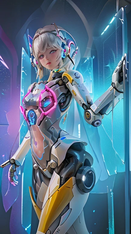 (La mejor calidad,A high resolution,Ultra - detallado,actual),Ariana Grande japonesa androide cyborg, robotic parts, hermoso estudio con luz suave, Detalles vibrantes, Ciberpunk de lujo, (Android body made of white and silver transparent glass and plastic:1.4), , (Mecanismos internos del cuerpo de metal plateado+pink), dynamic pose, Fluid organic components, Grabado detallado, Lace designs, (Circuitos dorados brillantes:1.4), (hermosos ojos azules),ojos  brillantes, (pose vaquero ), (realistic) ,Arte detallado de alta calidad 8K, Fanart Mejor ArtStation, Fantasy art style ,(cuerpo  de vidrio transparente:1.4),(Perfect anatomy) ,UHD, (fondo laboratorio Robotic futuristic dystopia colors:1.4) 