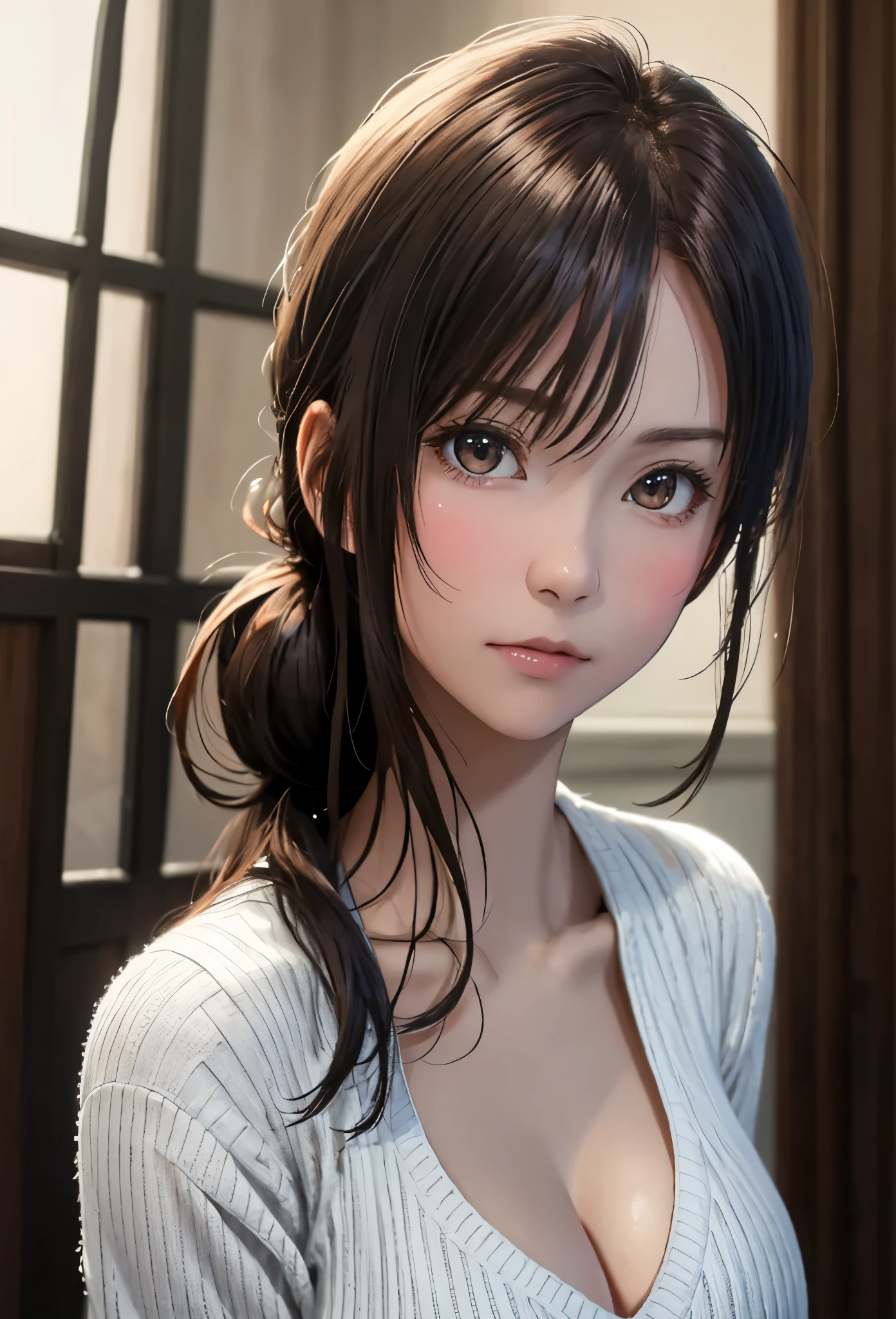 8K, of the highest quality, masutepiece:1.2), (Realistic, Photorealsitic:1.37), of the highest quality, masutepiece, Beautiful young woman, Pensive expression,、A charming、and an inviting look, Oversized knitwear、cleavage of the breast, Hair tied back, Cinematic background, Light skin tone