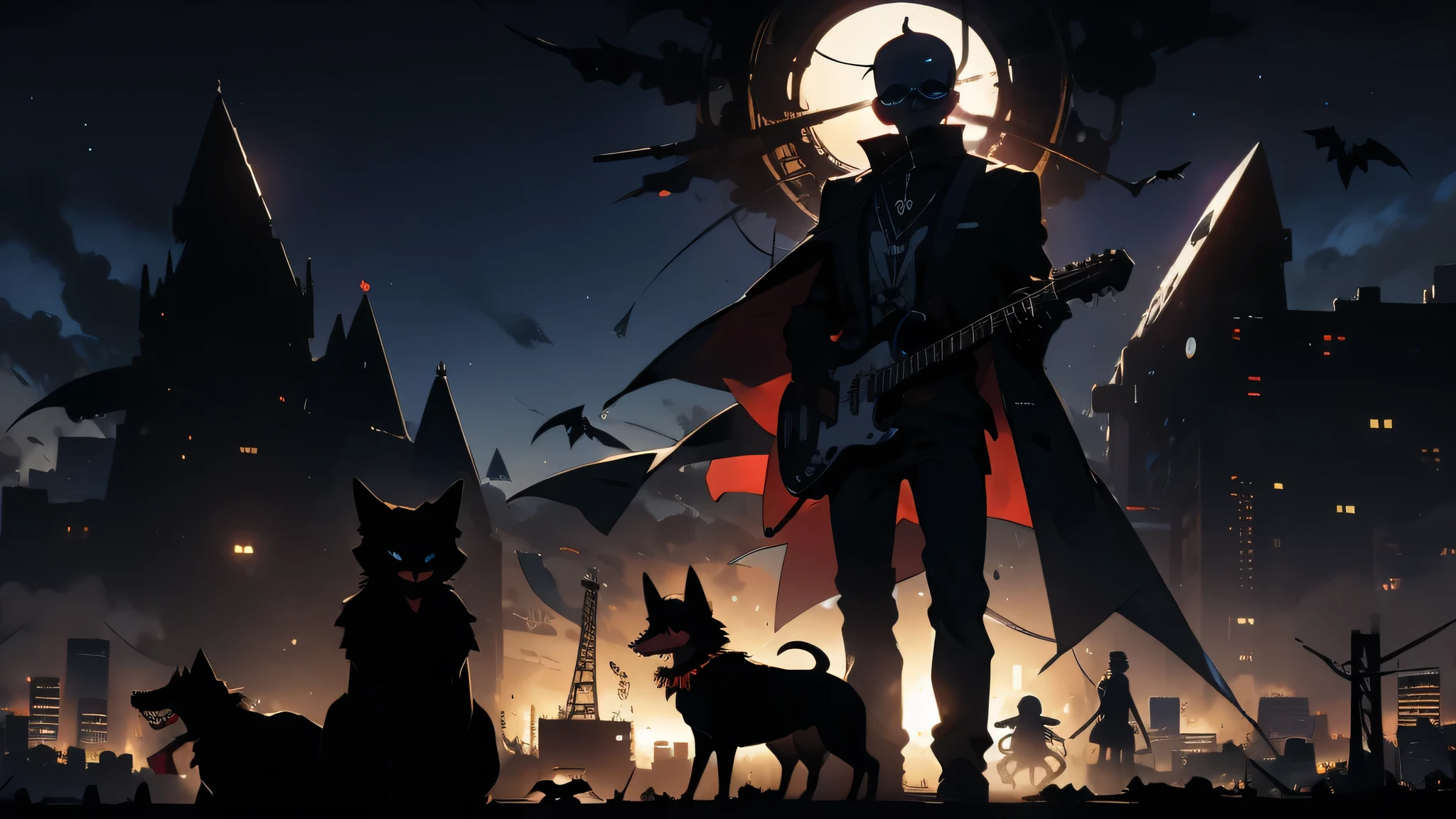 skeleton in sunglasses playing electric guitar, ao fundo, A shadowy city with low lights and vampire dogs