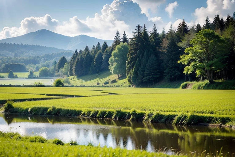 Dense forests of tall conifers and broadleaf trees line both sides.,A rice field with water in the middle,Each rice field is spacious.,Japan countryside,There are no houses or buildings,Sway gently in the breeze,Sun shining through the clouds,Scattering refreshing light。