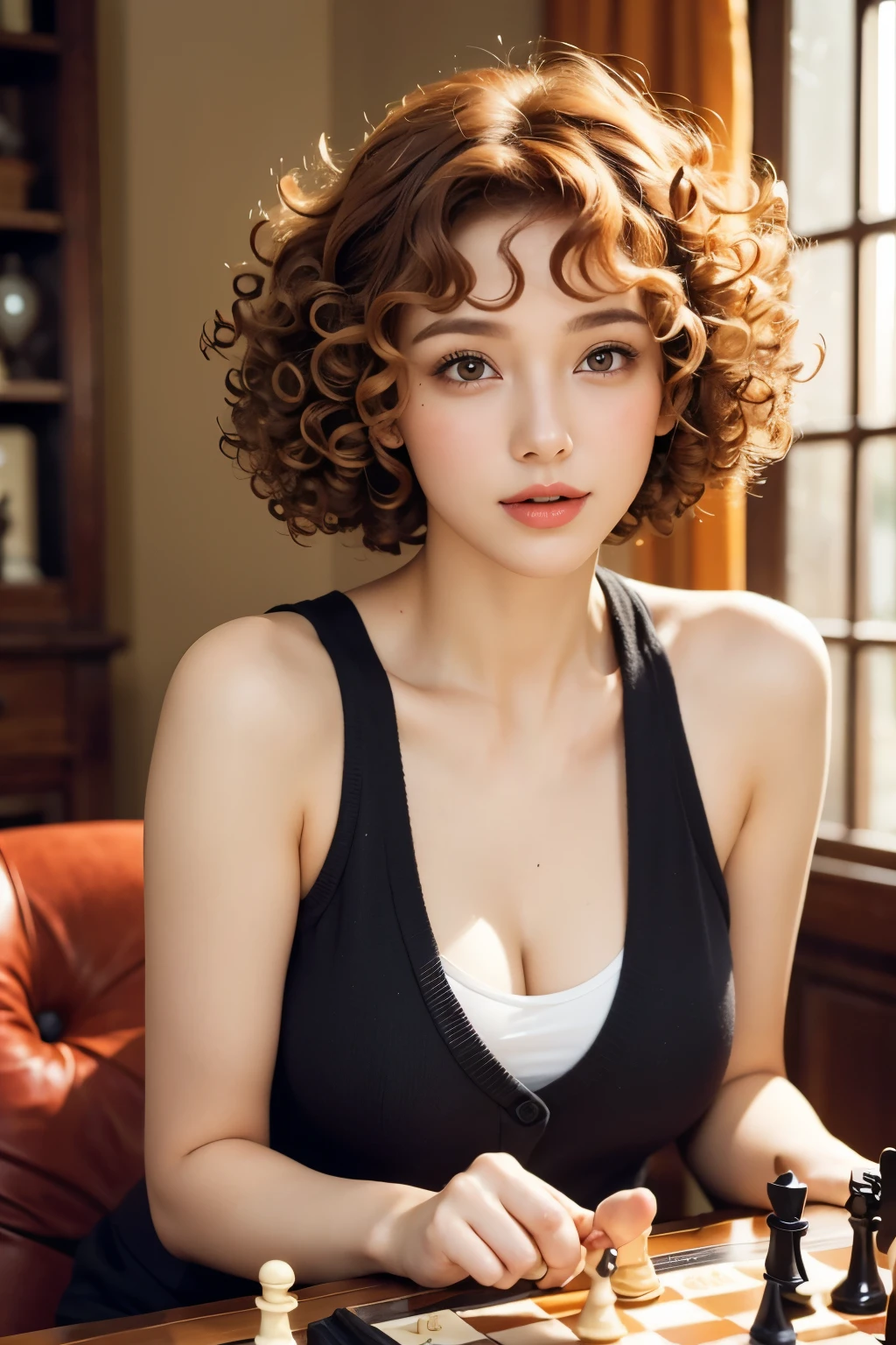 Beautiful woman with short orange hair playing chess, magazine pose, wearing a brown vest, (Perm Hair Curly: 1.5),