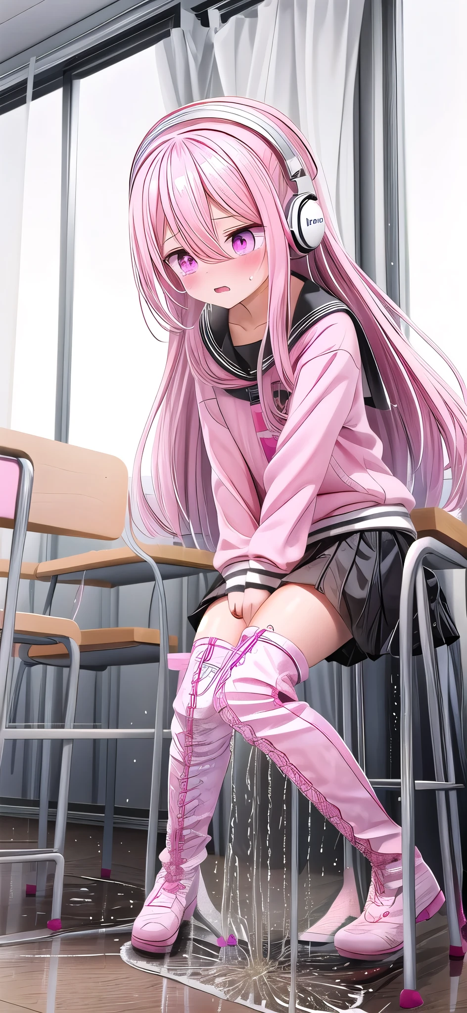 Pink long hair，Pink and white sweatshirt，pink eyes，Black headphones，White boots，blush害羞，Leaking urine（1.2）Classroom scene，eternal, cry, , Tears flow from the eyes, The embarrassment comes from, blush), (girl is peeing: 1.2),, look away, sit, Awkward, blush, Mouth slightly open, classroom (Girl leaking urine): 1.5)