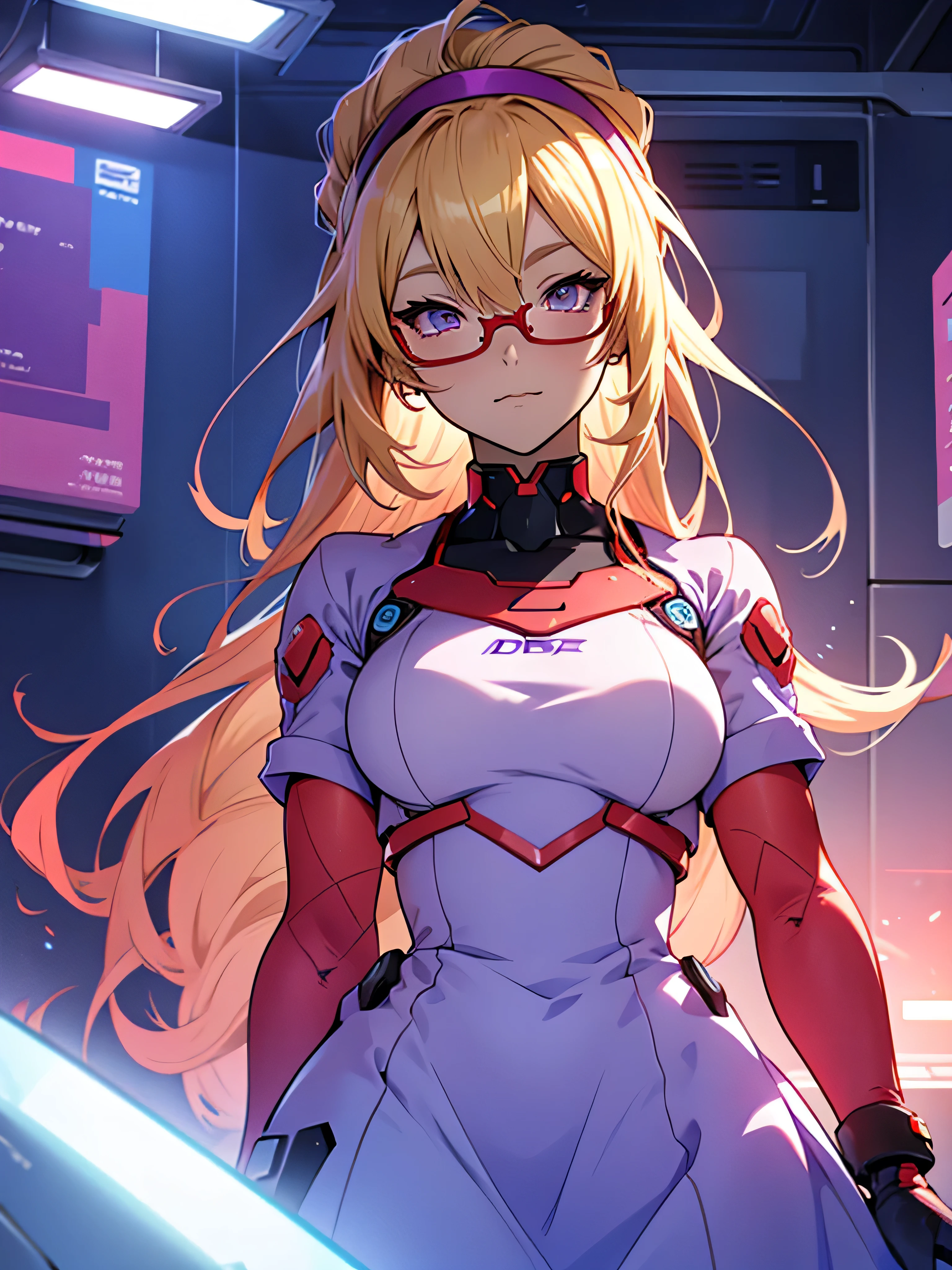anime,An illustration,purple robot,Mobile Suit,Dom,Light blue check dress,Red glasses,Blonde,Light blue mesh hair,beautiful girl,Sora Sakurano,one person