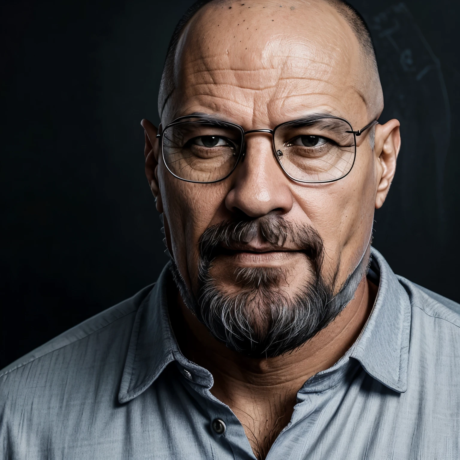 Bald Chemistry Teacher, barba grande, barbudo cor preta com minimos cabelos grisalho
na barba , de pele clara, parece o careca de breaking bad, wears black square glasses and is 38 years old