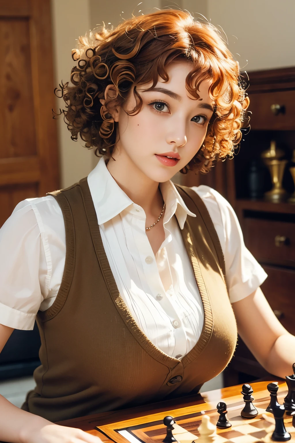 Beautiful woman with short orange hair playing chess, magazine pose, wearing a brown vest, (Perm Hair Curly: 1.5),