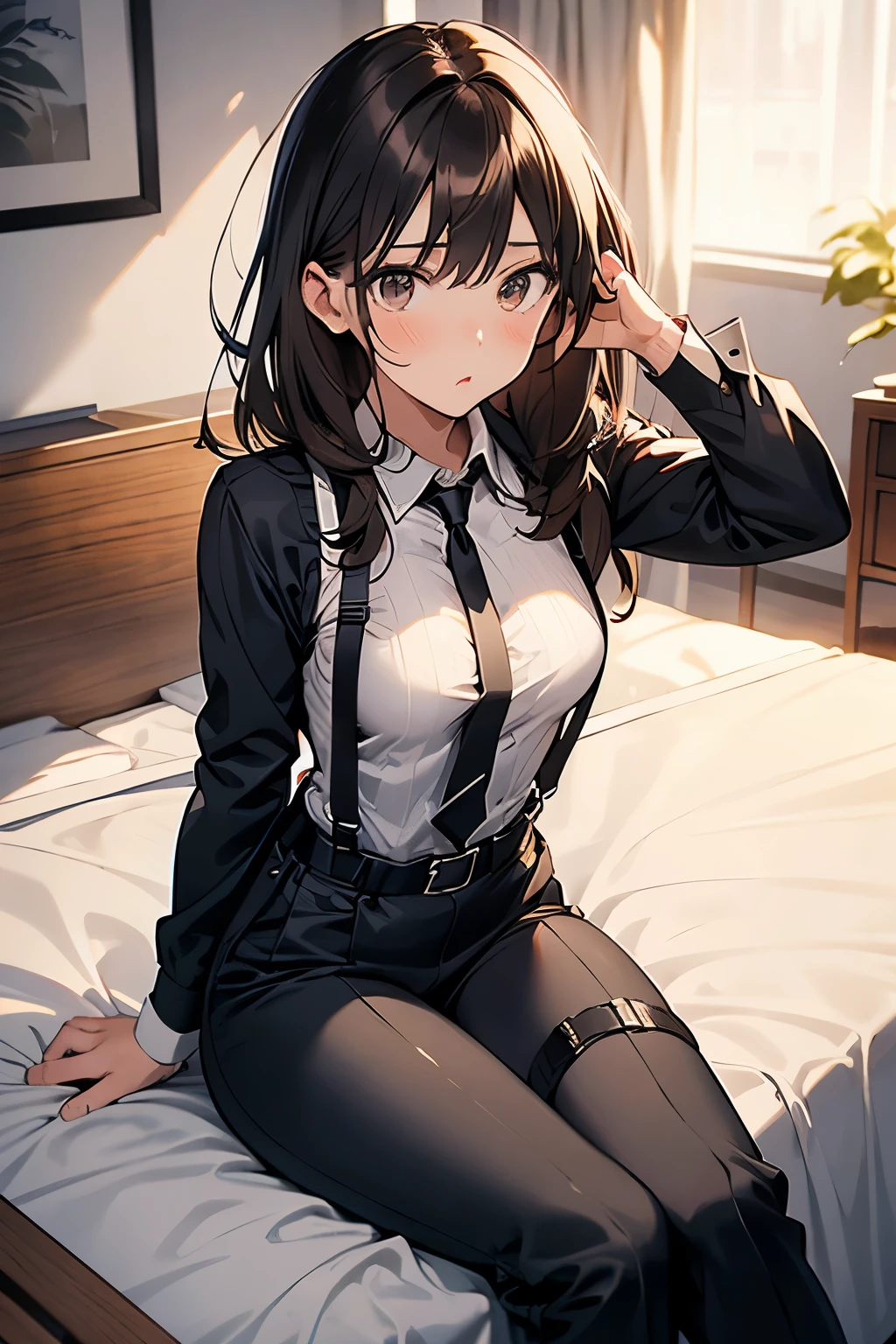 Brown Hair、Staring at the audience　　　Black suspenders　　　bulging big breasts　　 　 　　　wall: 　Black pantsuit　　　　　　sight　　　Small face　 　　　holster　　　Beautiful woman　　Show your hand　　 Lying in bed　　sight 　　Taunt　side　side汗 　arm　Dress shirt　Black Suit　belt