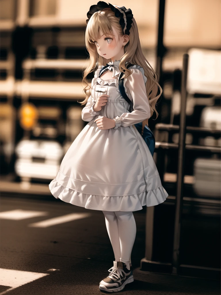 Amazing details, 8k photos, Hyperrealism, Professional Light, Realistic Background, Visual depth, Background blur, Wide-angle lens, whole body, (13 years old, cute, change, Flat Chest, Cat ear), One girl, Colored eyes, Blonde Hair, (****ta fashion: 1.5), (race, Frilled shirt, White petticoat, sneakers), (stuffed toy), pink cute backpack, street, fashion