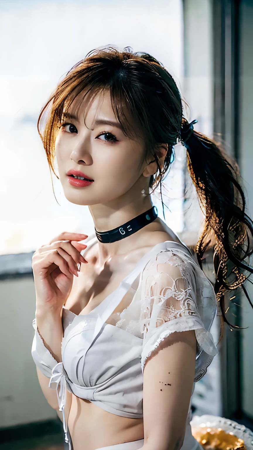 super high quality，8k，Gal，Sexy and feminine, High and cold，Fascinating，The head proportions are perfect，Grey high ponytail，Wear a short, sheer lace bra, White low waist sheer lace thong，Fiery red lips，Swan neck，choker，The sun is shining