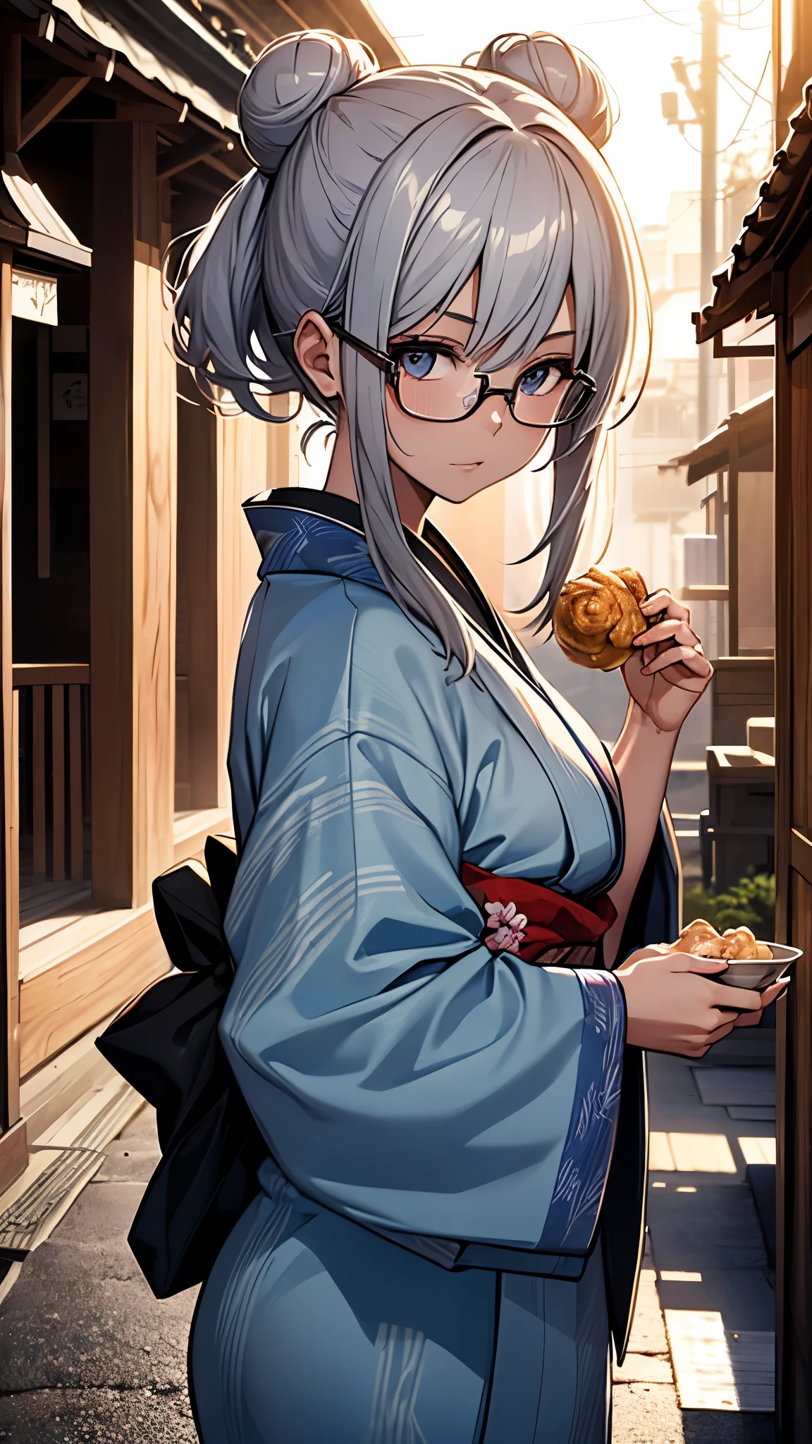 (1girl:1.3), Masterpiece, Best quality, amazing beauty, [[3D]], 4K, absurdres, finely detail, super detailed eye, perfect anatomy, official art, cinematic lighting, A Japanese woman in a kimono, bun hair, silver-haired girl, morning sun, front, Eating dumplings. Glasses, glasses, 	attractive pattern