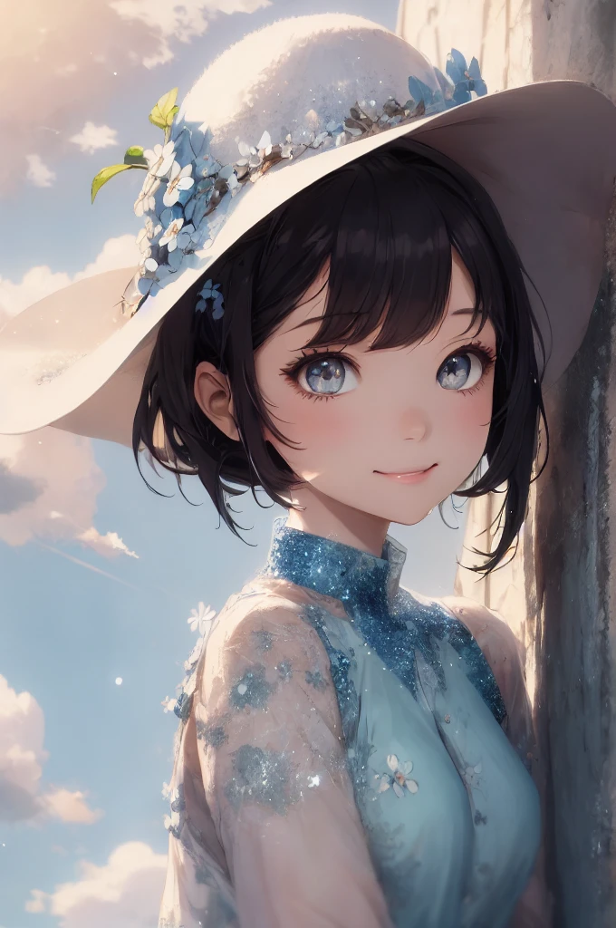 Absurd, High resolution, Super detailed, (One beautiful girl:1.3), A little smile, de luz, forget-me-notドレス, forget-me-not, Clear blue sky and fluffy white clouds, Glitter, Pastel style, Soft Blending, Dreamy wash, Warm texture