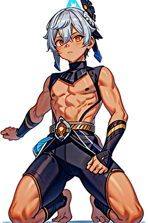 cyno(genshin impact) Gray Hair Raised arms juvenile fight The body is thin juvenile体形 kneel Orange Eyes White background Swimwear White background一色 Six-headed body