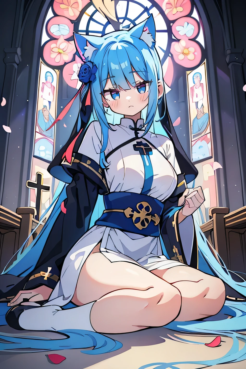(masterpiece:1.2),Extremely detailed,Practical,expressive eyes,Fair skin,Perfect face shaping,1 Girl,
Japanese cartoons,Gorgeous blue hair, the long flowing blue hair,Floating clothes,Cat ears,Petals fall,beautiful lola,Young Angel,
Place your hands on your waist,sit elegantly on the ground,Cross your legs,Gentle and peaceful background,church,Nun's Clothes,back view.