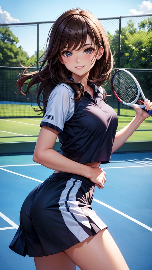sksbrooke person, sksbrooke, (masterpiece:1.2), (best quality:1.2), perfect eyes, perfect face, 1girl, solo, brown eyes, (medium breasts), perky breasts, blue and black tennis uniform and shirt, tennis court background, smiling, behind the net