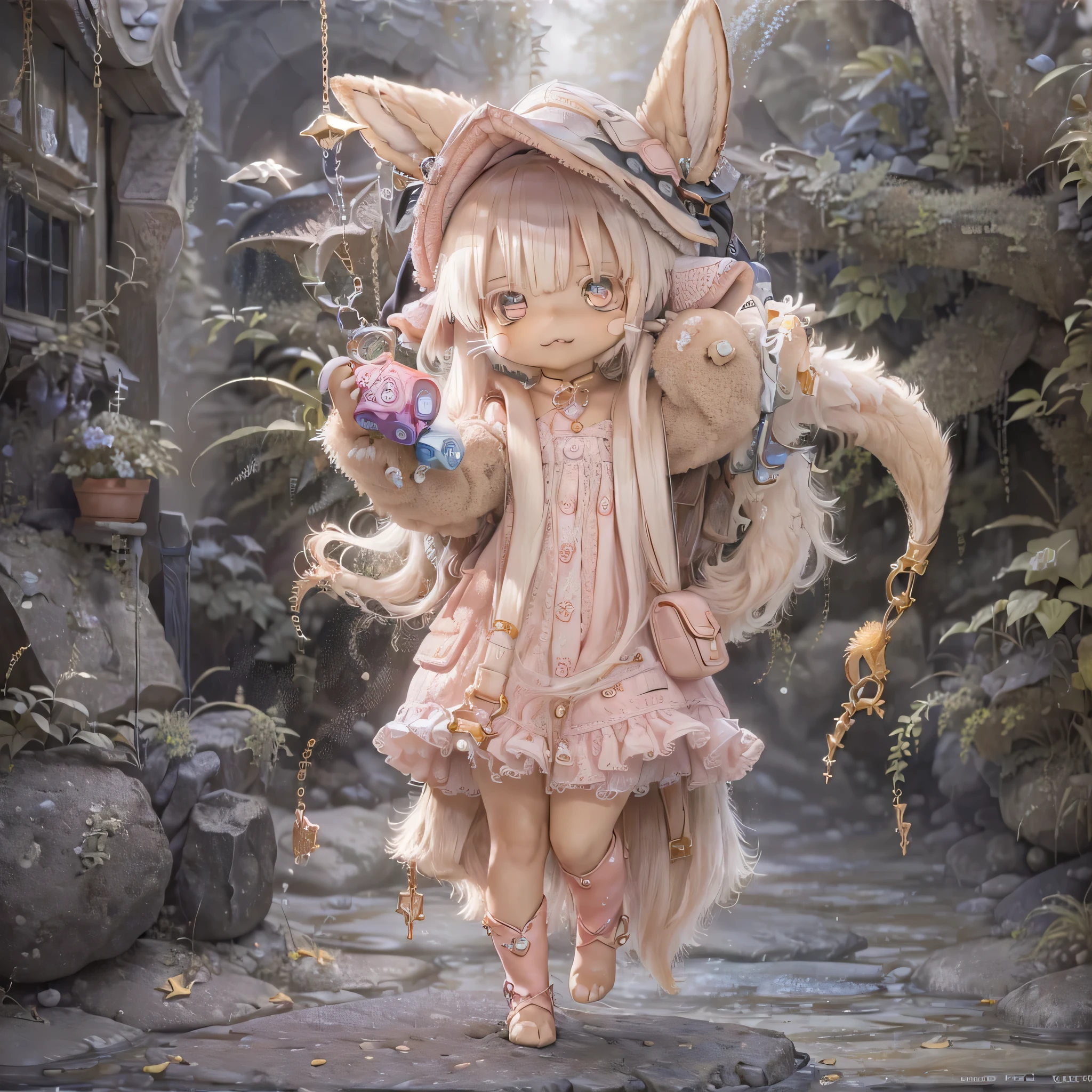 in the garden, Smiling girl, Similar to Nanachi from Made in Abyss. She is beautiful, Beautiful eyes and lips. girl (((Chibi Style,))) . The image quality is of the highest quality, Highly detailed and realistic features. The medium of this work is、Combining illustration and photorealistic rendering.. The colors are vivid、The lighting creates a warm and bright atmosphere。Casual Full Body(((((Cute pink dress)))))Contrasting