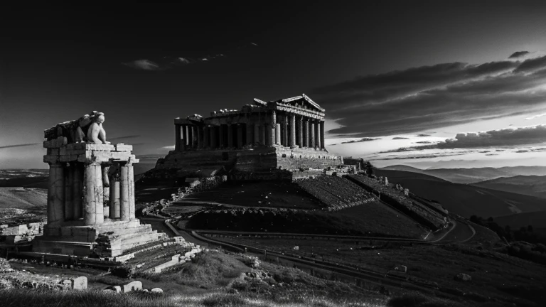 a dark landscape image of ancient greek society deeply connected to stoicism black and white ancient greek architechture include a big statue stereotypical strong greek man marcus scary in the top of mountain and black