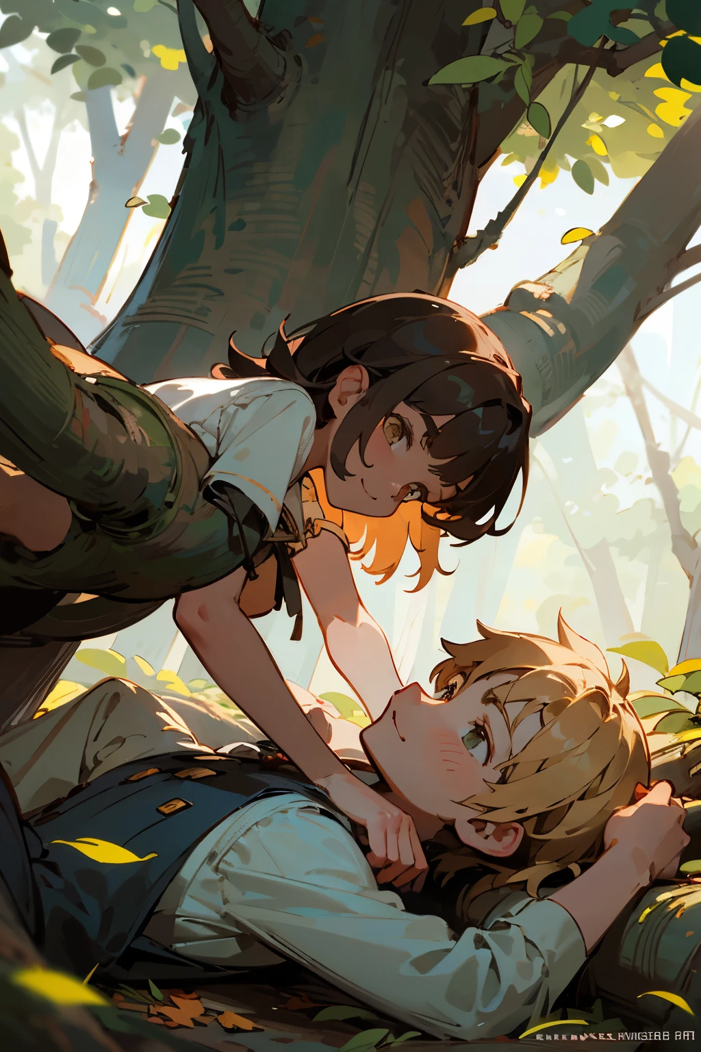 ((best quality)), ((masterpiece)), (detailed), perfect face
A skecth of a boy lying in fallen leaves with a girl sitting on a half-fallen tree trunk above him looking at the boy with a smile.
