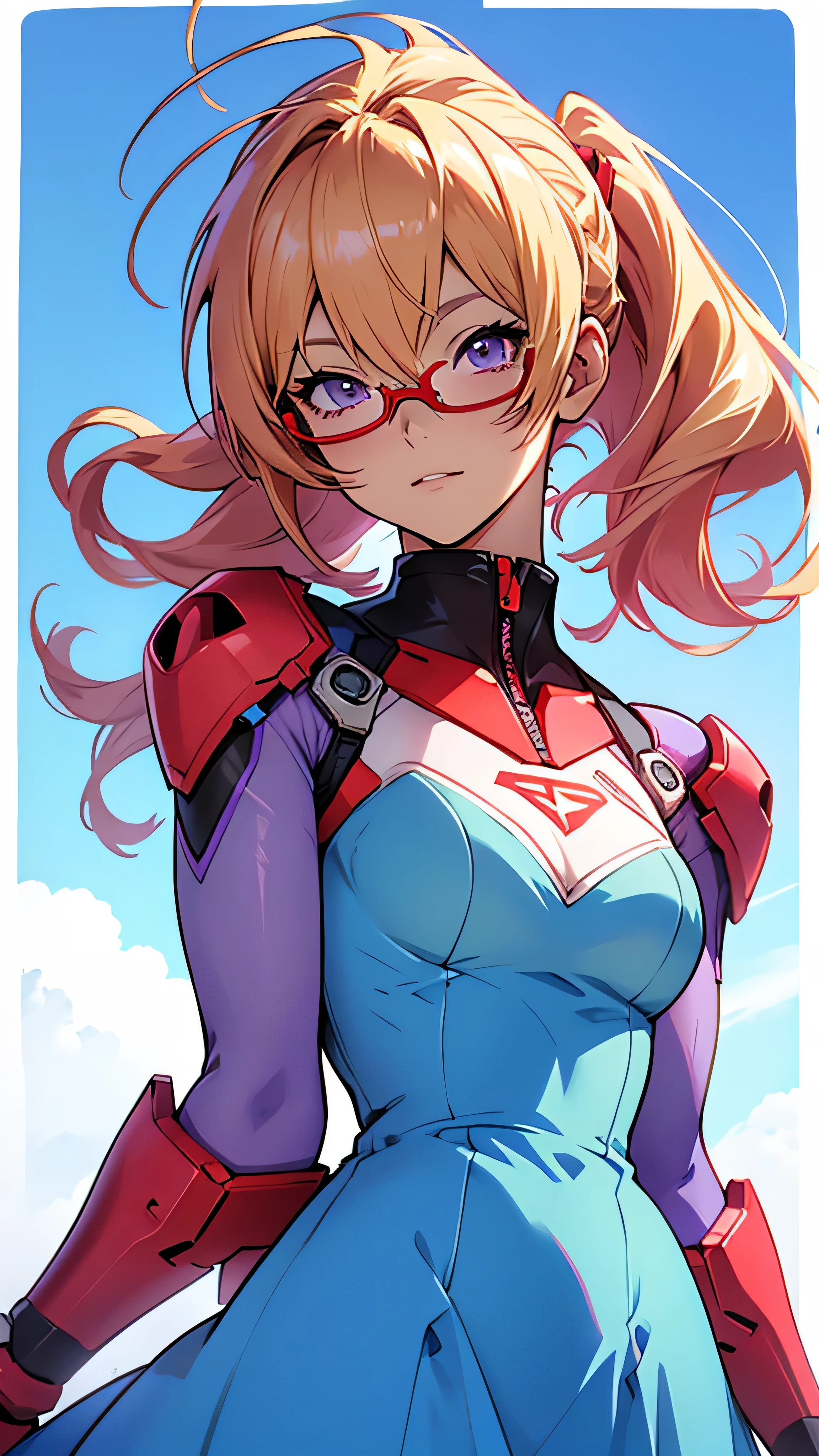 anime,An illustration,purple robot,Mobile Suit,Dom,Light blue check dress,Red glasses,Blonde,Light blue mesh hair,beautiful girl,Sora Sakurano,one person