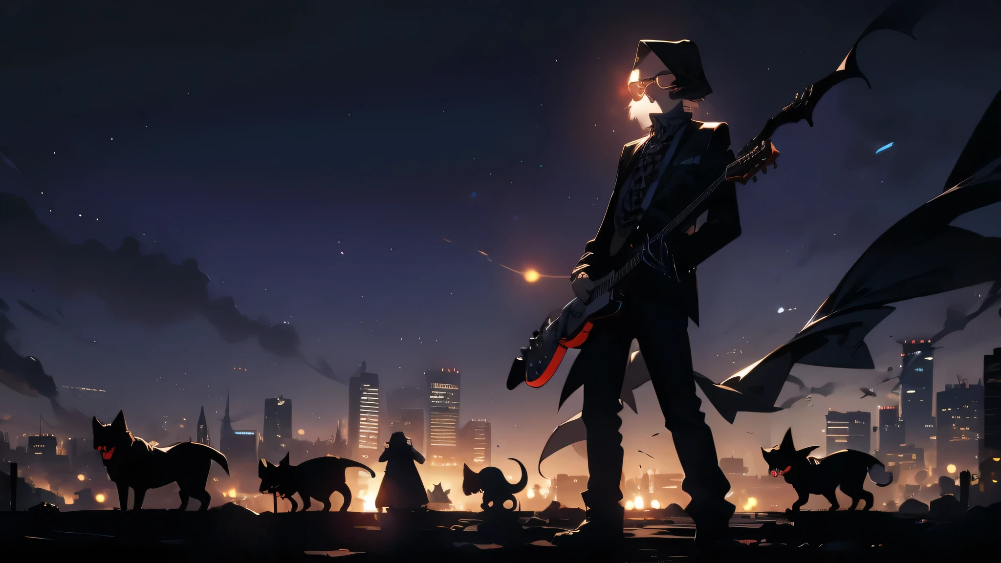 skeleton in sunglasses playing electric guitar, ao fundo, A shadowy city with low lights and vampire dogs