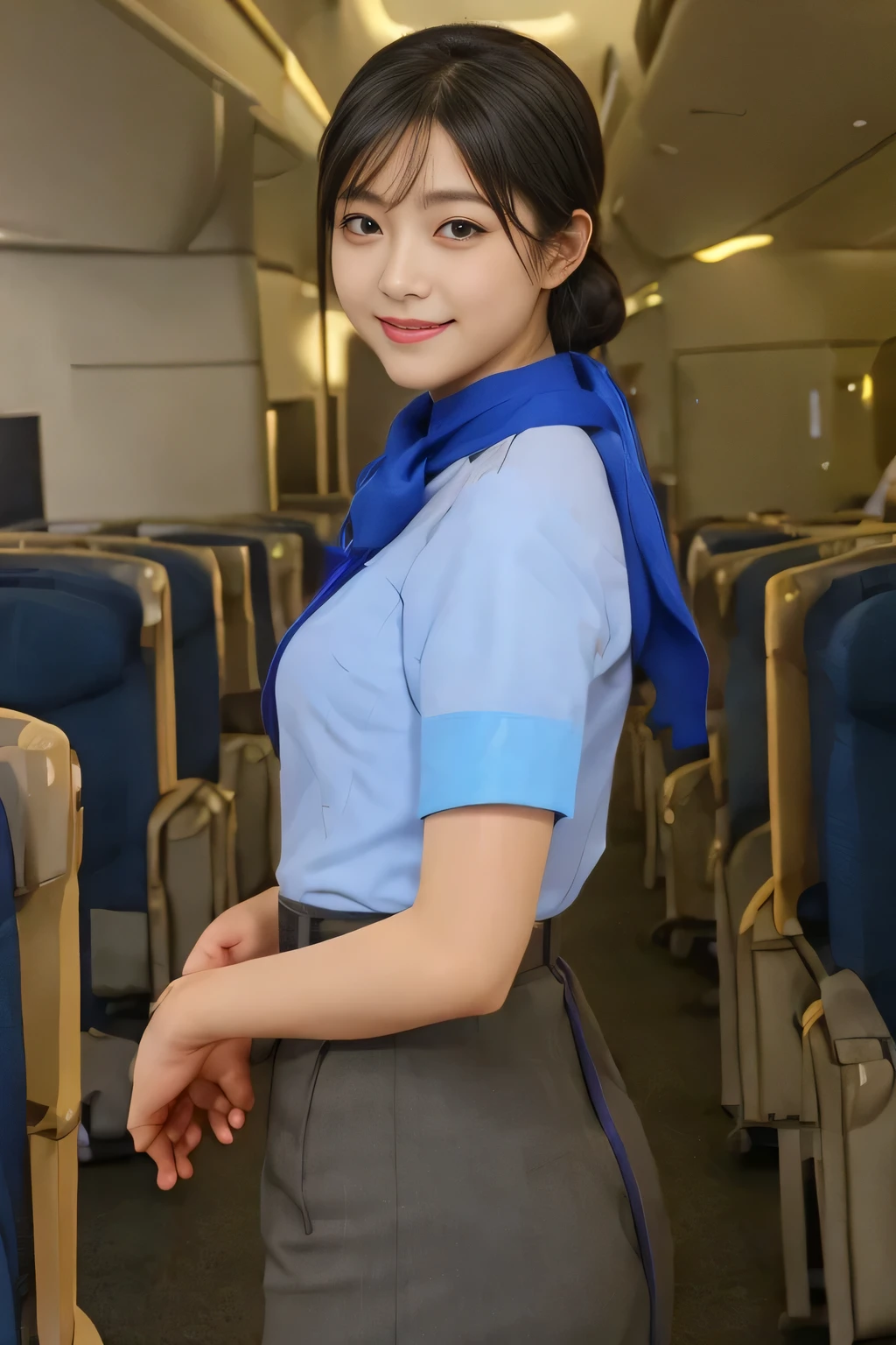 (ANA cabincrew uniform)、(Short sleeve light blue blouse)、(Scarf around the neck)、(Long hair updo、Chignon)、Young Asian Woman、smile