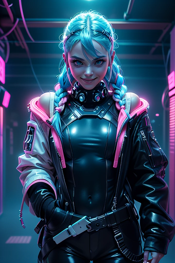 ((Picture in cyber punk style, create two characters), (futuristic , space station, space)))_((In the center of the composition there are two characters, close-up, a boy and a girl - full growth), (a girl in a stylish overalls, a slender figure, dynamic pose), (her clothes look very stylish, futuristic, a lot of details, latex material, textured fabric elements, colors, pink, blue, white), (her image embodies beauty and sympathy, her face radiates happiness, expressive eyes, smile), (her hairstyle, two long braids, hair dyed blue, pink - neon highlights))_((Her partner, a futuristic boy from the future, is dressed in all black, his preference in clothing, dark gothic style, combined with space jumpsuit, sporty stylish), (shoulder-length hair, handsome, black eyes, slender, young, strong body))_((Background, space station, space, technological elements, shine of stars))_((High image quality, stylish picture in cyber punk style, futuristic future, masterpiece), (animation cinematography, stylized realism, Japanese anime, blade runner, apple seed, animatrix), (FULL HD, 18K).