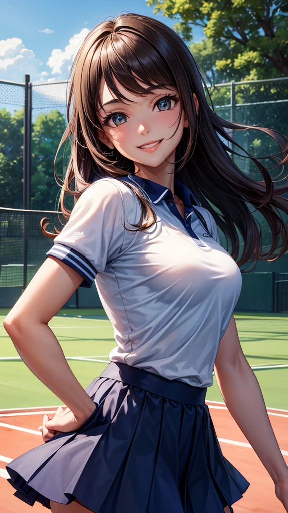 sksbrooke person, sksbrooke, (masterpiece:1.2), (best quality:1.2), perfect eyes, perfect face, 1girl, solo, brown eyes, (medium breasts), perky breasts, blue and black tennis uniform and shirt, tennis court background, smiling, back tu