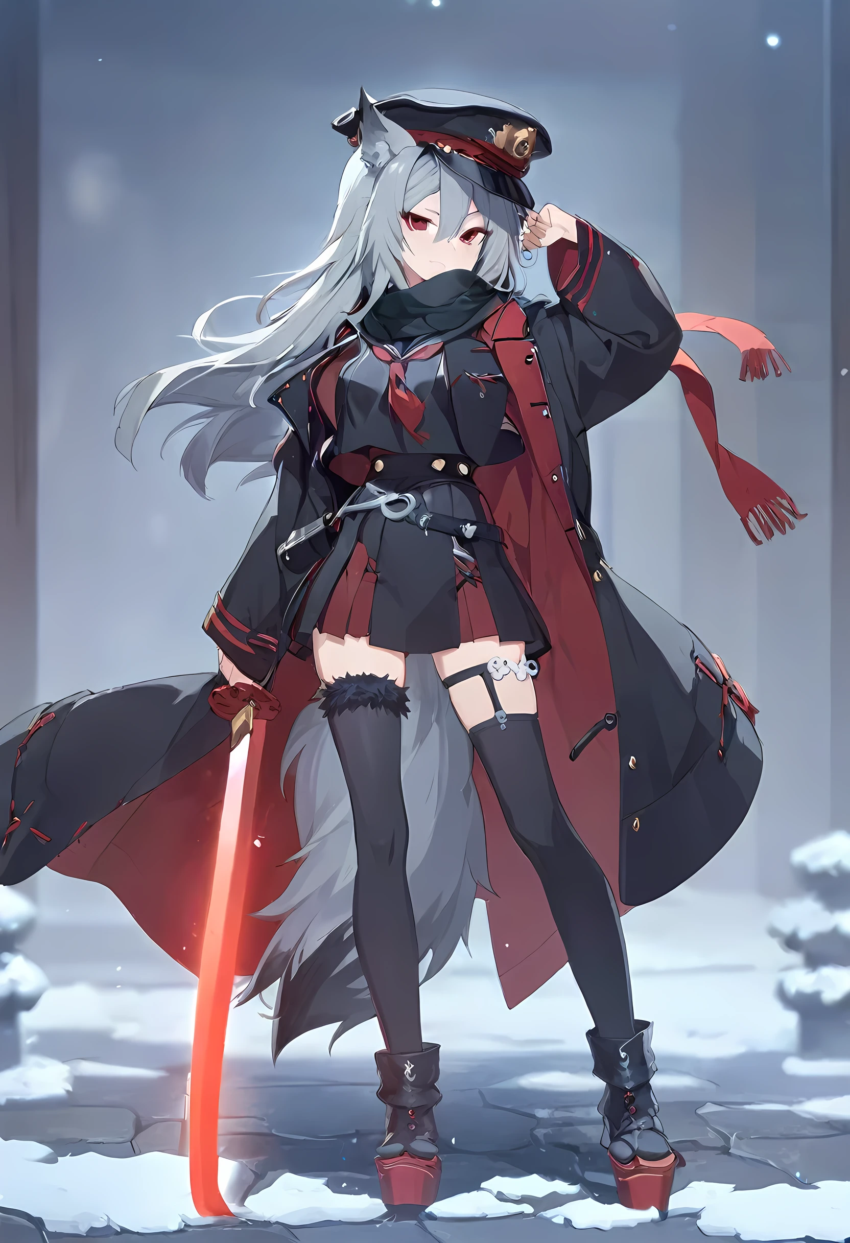 One Girl,whole body,Are standing,high school student,Concept Art,Grey Hair,Black long coat over sailor suit,Wearing a coat,Black muffler,Hiding your mouth with a scarf,Red eyes,Wolf Ears,Wolf Tail,cool,dark,Beauty,Stylish black sailor suit,Rin々Funny face,18-year-old,Stylish,Height: 170cm,Bangs that extend between the eyes,Shortcuts,Long sleeves,first round,Leg Garter Ring,Belted stockings,Toned body,Medium chest,Carnal breasts,Cool eyes,Japanese style,Lateral bangs,half cut,black,Slanted Eyes,cool,peaked cap,One ear is covered by a hat,He carries a Japanese sword on his waist.,Western-style long coat,Bone ornament,Wolf Cut,Wolf Hair,Half length hair,Hairstyle like a wolf,