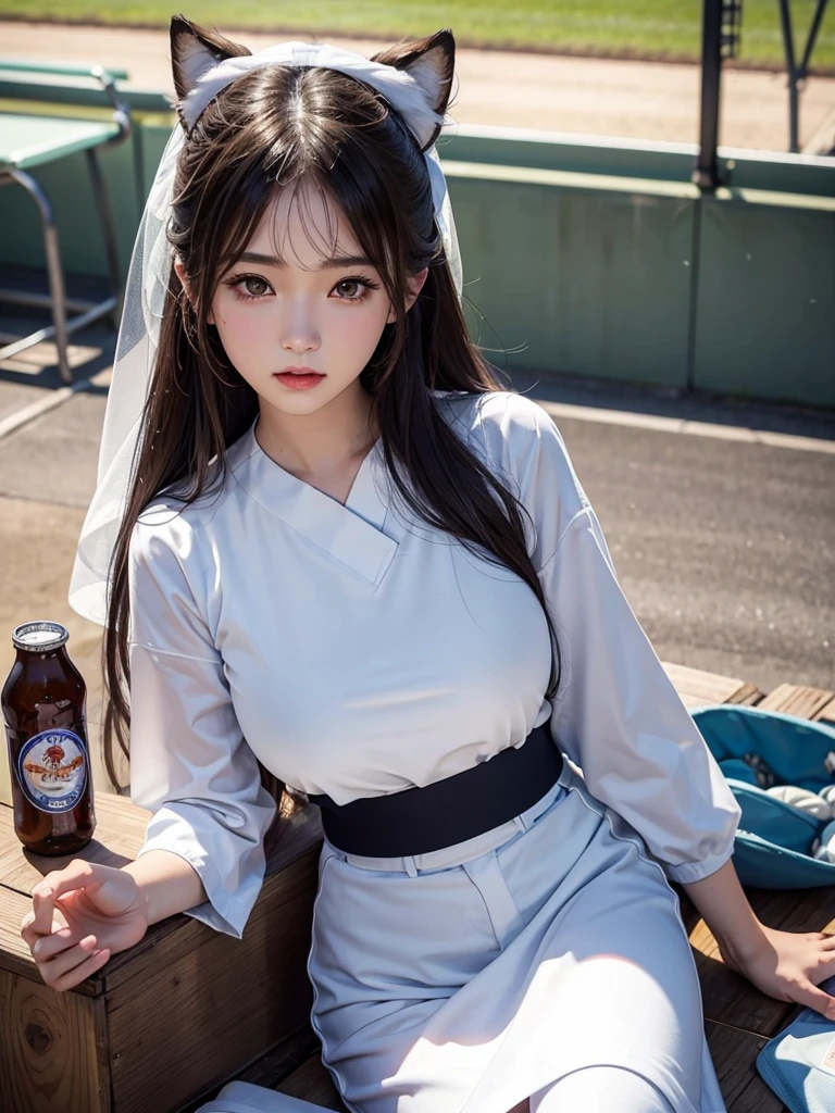 Beautiful woman、Kawaii woman、around 20 years old、a delicate face、delicate eyes、Delicate skin、Fine hair、Ultra-realistic picture quality、Ultra-high quality、8K、Hokkaido、Esconfield、Tomoyo Harada、Beer vendor、Working at a baseball field、Beer seller、Fox Dance、Nippon-Ham Fighters、Plump breasts、Tight tops