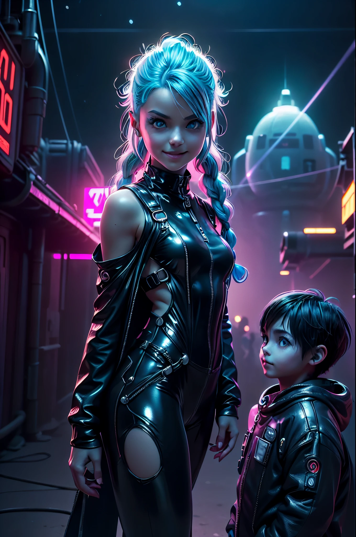 ((Picture in cyber punk style, create two characters), (futuristic , space station, space)))_((In the center of the composition there are two characters, close-up, a boy and a girl - full growth), (a girl in a stylish overalls, a slender figure, dynamic pose), (her clothes look very stylish, futuristic, a lot of details, latex material, textured fabric elements, colors, pink, blue, white), (her image embodies beauty and sympathy, her face radiates happiness, expressive eyes, smile), (her hairstyle, two long braids, hair dyed blue, pink - neon highlights))_((Her partner, a futuristic boy from the future, is dressed in all black, his preference in clothing, dark gothic style, combined with space jumpsuit, sporty stylish), (shoulder-length hair, handsome, black eyes, slender, young, strong body))_((Background, space station, space, technological elements, shine of stars))_((High image quality, stylish picture in cyber punk style, futuristic future, masterpiece), (animation cinematography, stylized realism, Japanese anime, blade runner, apple seed, animatrix), (FULL HD, 18K).