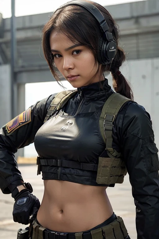 a woman in a black outfit holding a rifle and wearing headphones, 24-year-old woman, Filipino woman, tan bronze skin, soldier girl, mechanized soldier girl, military girl, beautiful female soldier, female lead character, infantry girl, of a sniper girl in war, solo female character, future combat gear, close up half body shot, Women in crop top military bulletproof vest, showing navel, quiet from metal gear solid v, wearing tactical gear, dressed in tactical armor