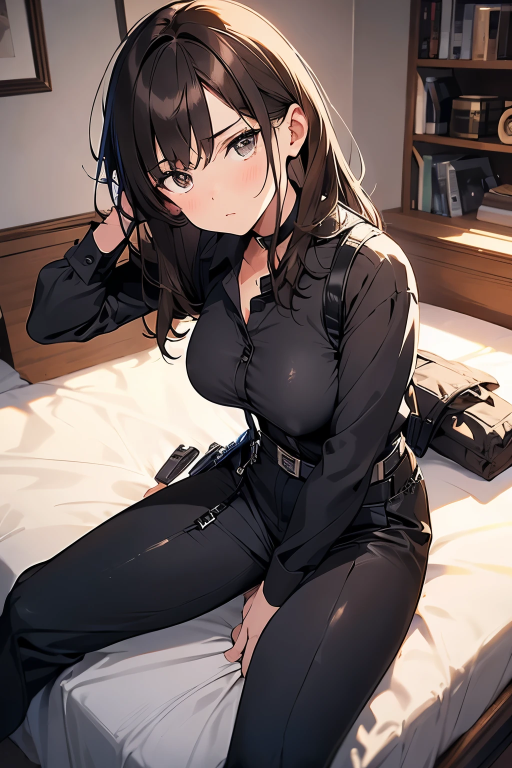 Brown Hair、Staring at the audience　　　Black suspenders　　　bulging big breasts　　 　 　　　wall: 　Black pantsuit　　　　　　sight　　　Small face　 　　　holster　　　Beautiful woman　　Show your hand　　 Lying in bed　　sight 　　Taunt　side　side汗 　arm　Dress shirt　Black Suit　belt