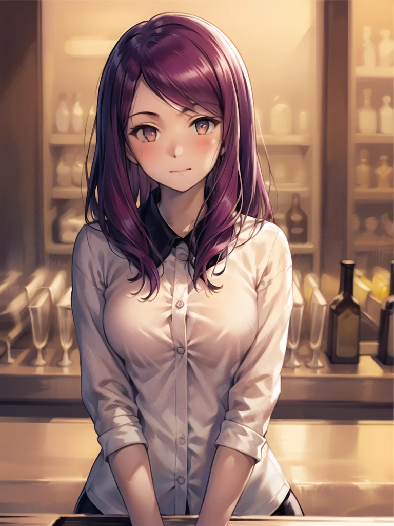 One girl, alone, bangs, blush, Place your hand on your chest, Jill Stingray, Long sleeve, View Viewer, Purple Hair, Medium chest, tie, shirt, alone, Upper Body, Best,  bartender, Best, white shirt,