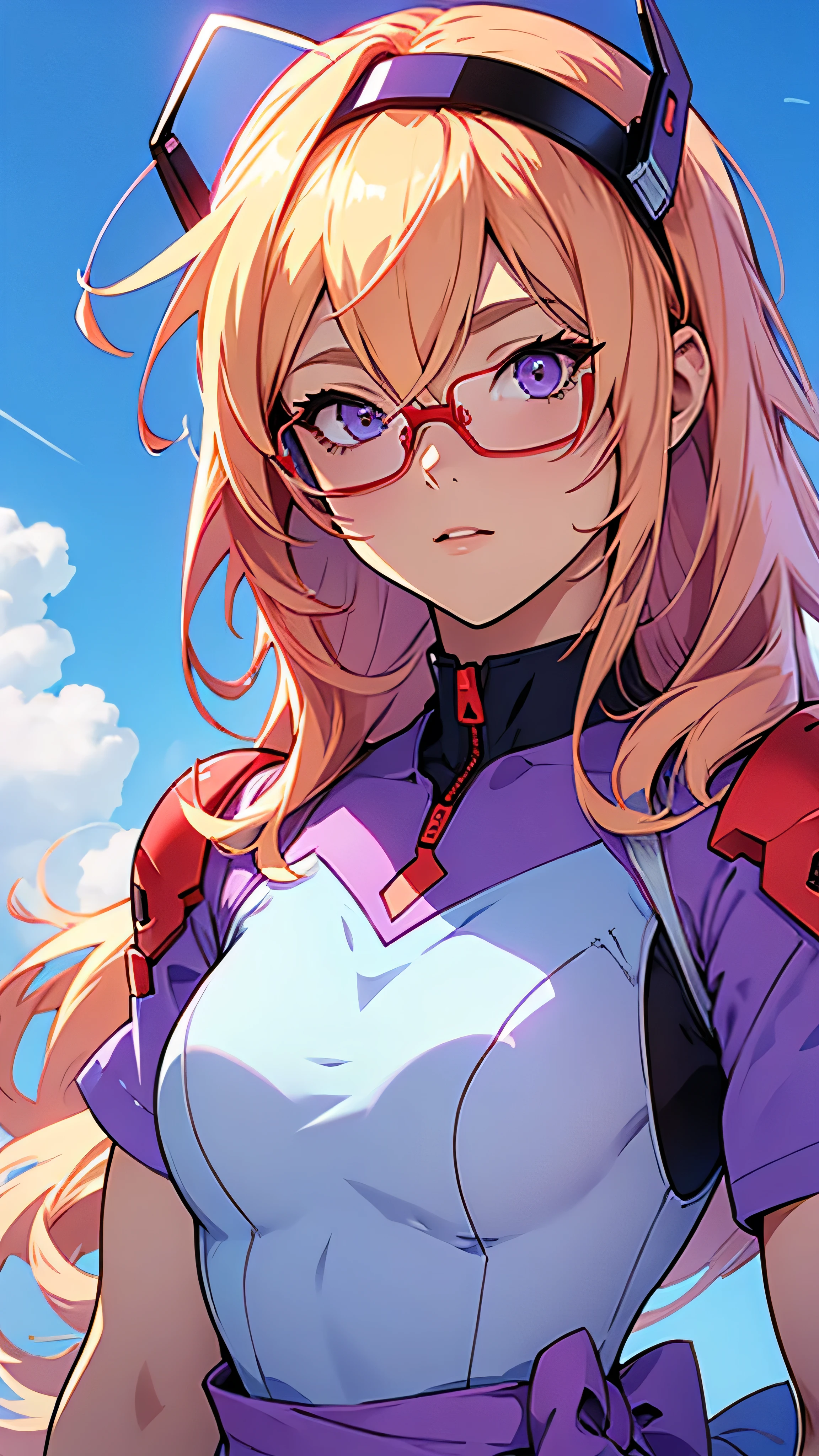 anime,An illustration,purple robot,Mobile Suit,Dom,Light blue check dress,Red glasses,Blonde,Light blue mesh hair,beautiful girl,Sora Sakurano,one person