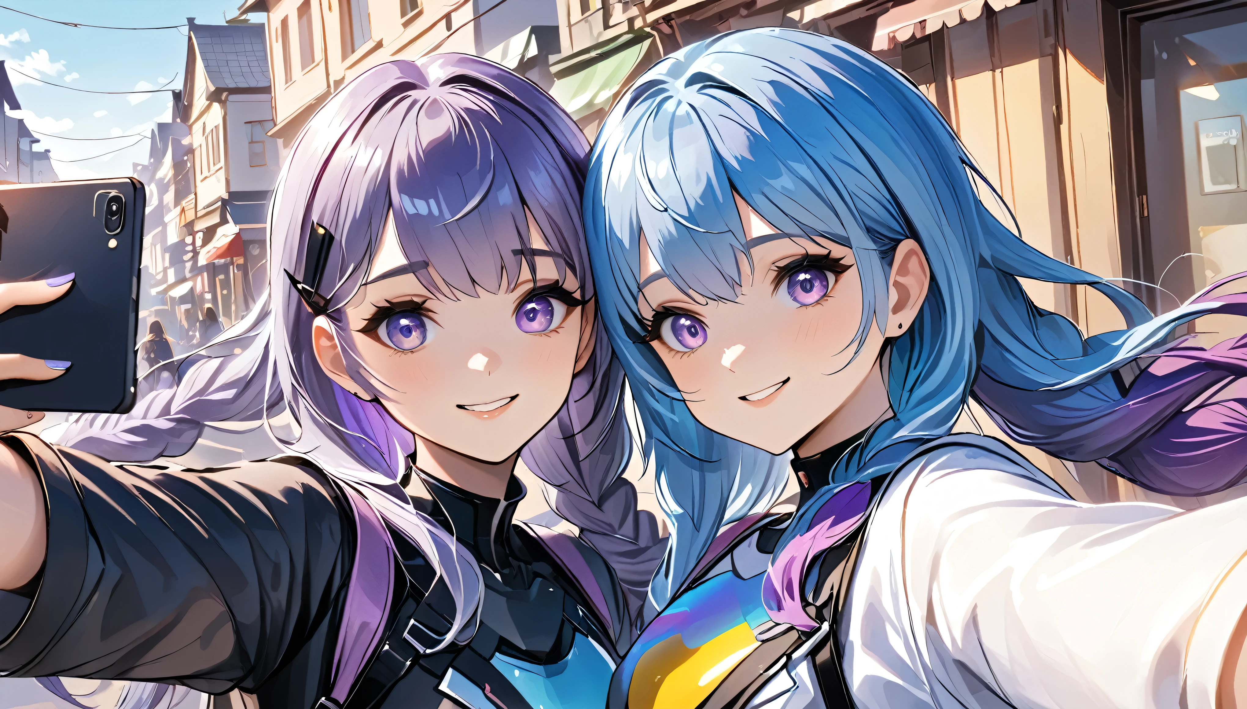 Two girls taking selfie，A blue hair，A purple hair，