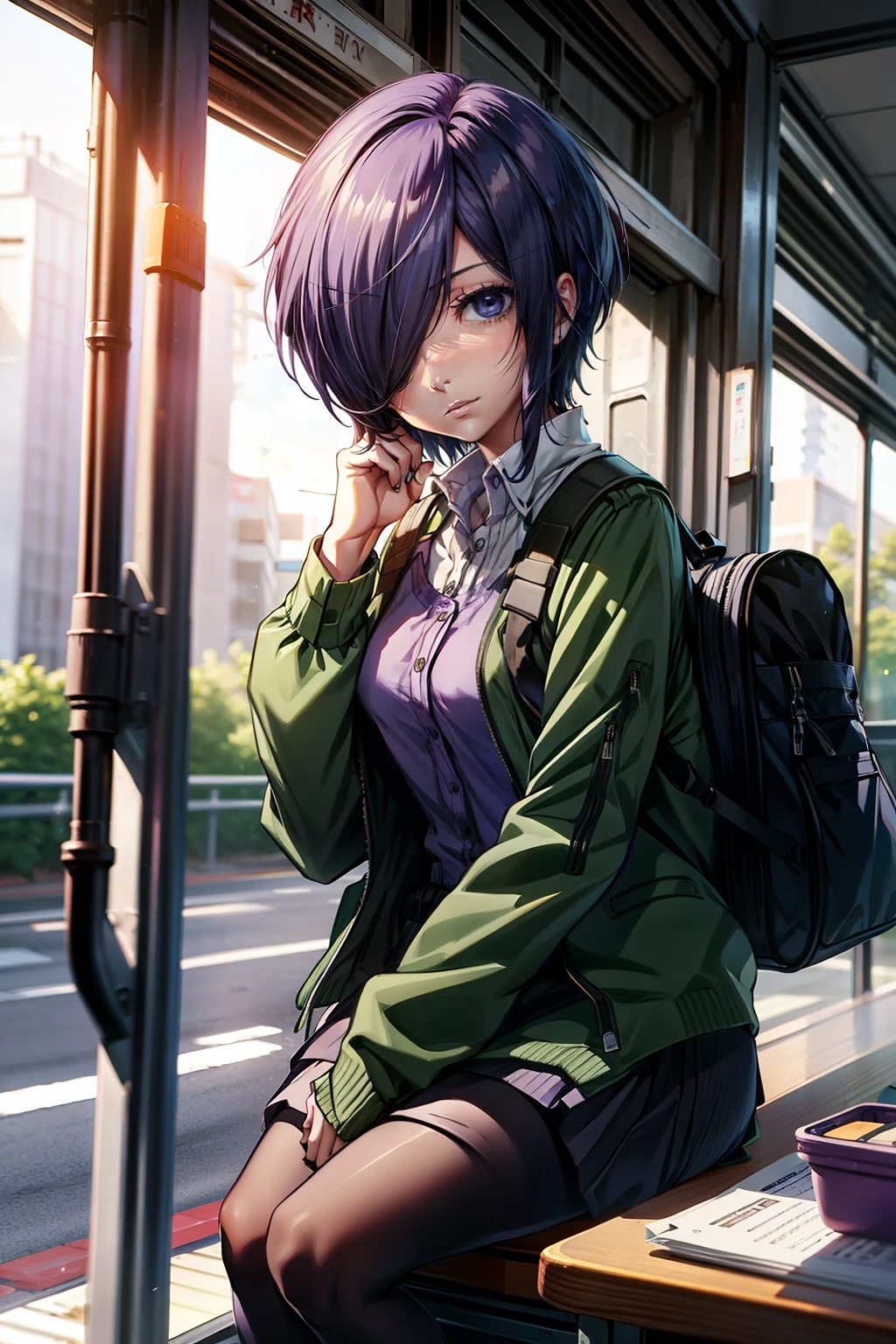 Beautiful face, beauty, white skin, purple-blue eyes, short purple-blue hair, hair covering her left eye, cute body, red pantyhose, Purple shirt , Green jacket, Black short pants , sitting on the bus She looks out the window, in front of her is a school bag , Kirishima Touka, Tokyo Ghoul