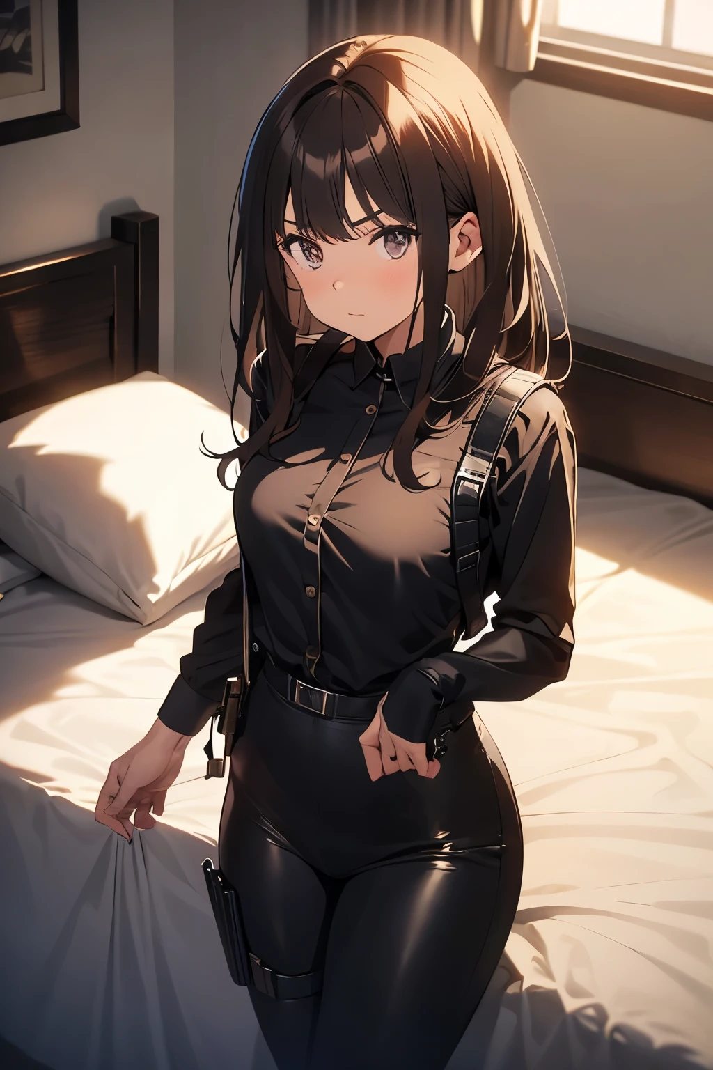 Brown Hair、Staring at the audience　　　Black suspenders　　　bulging big breasts　　 　 　　　wall: 　Black pantsuit　　　　　　sight　　　Small face　 　　　holster　　　Beautiful woman　　Show your hand　　 Lying in bed　　sight 　　Taunt　side　side汗 　arm　Dress shirt　Black Suit　belt