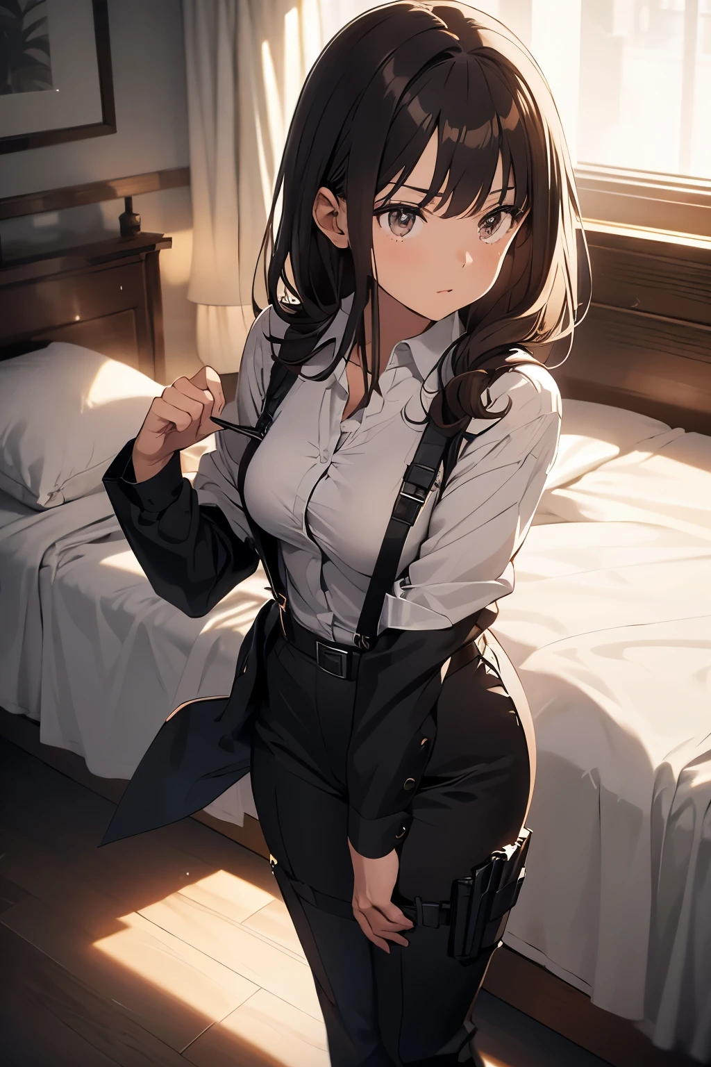 Brown Hair、Staring at the audience Black suspenders bulging big breasts wall: Black pantsuit sight Small face holster Beautiful woman Show your hand Lying in bed sight Taunt side side汗 arm Dress shirt Black Suit belt