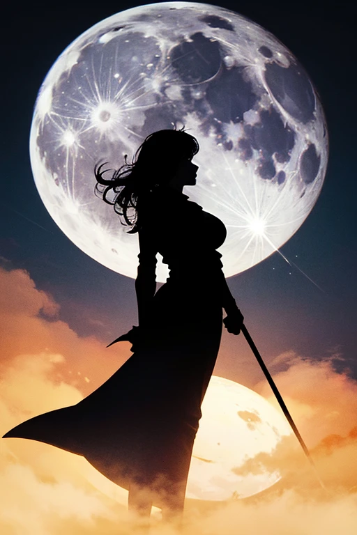 highest quality,Big moon and shadow,A silhouette of a person can be seen against the backdrop of a large moon.,There is one full moon,There is a mood,Beautiful scenery,Starry Sky